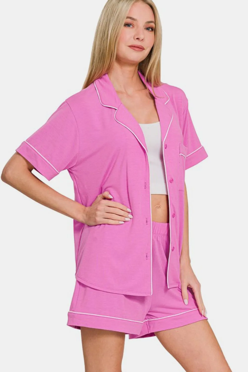 Mauve Button Down Short Sleeve Top and Shorts Lounge Set