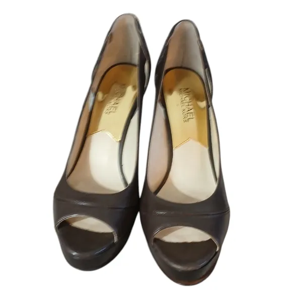 Michael Kors Hamilton Brown Leather Heels Size 8 Open Toe Pumps