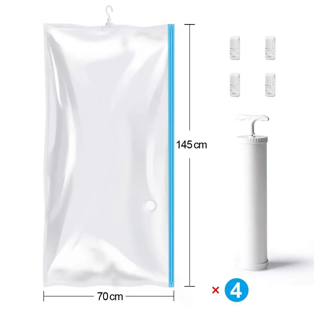 MRS BAG Hanging Vacuum Storage Bags 4 Jumbo(57x27.6'') Space Saver Bag Dress Cover with Hook for Coats, Jackets, Clothes & Closet Storage - Hand Pump Included