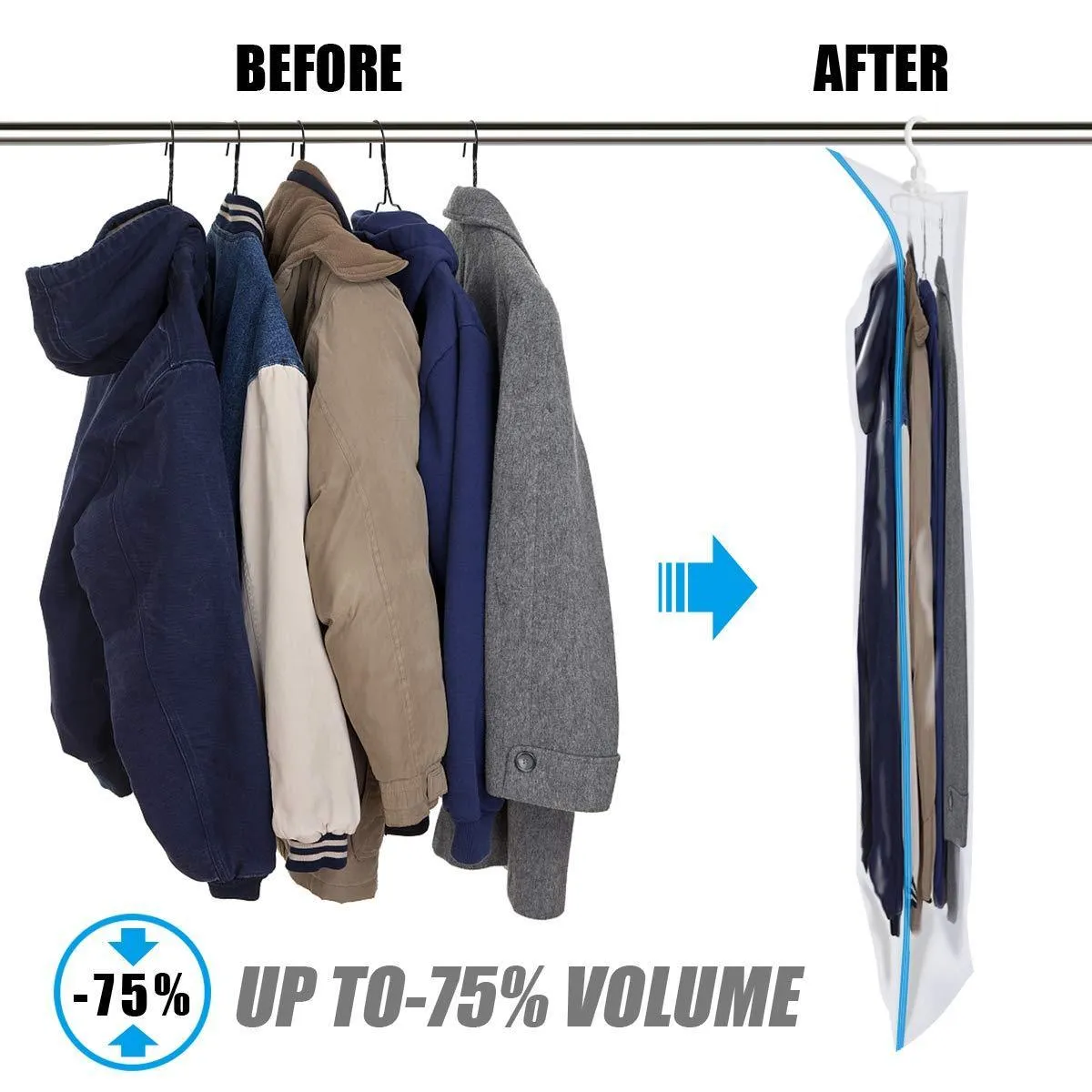 MRS BAG Hanging Vacuum Storage Bags 6 Pack (3Jumbo(57x27.6'')   3Short(41.3x27.6'')) Space Saver Bag Dress Cover with Hook for Coats, Jackets, Clothes & Closet Storage - Hand Pump Included