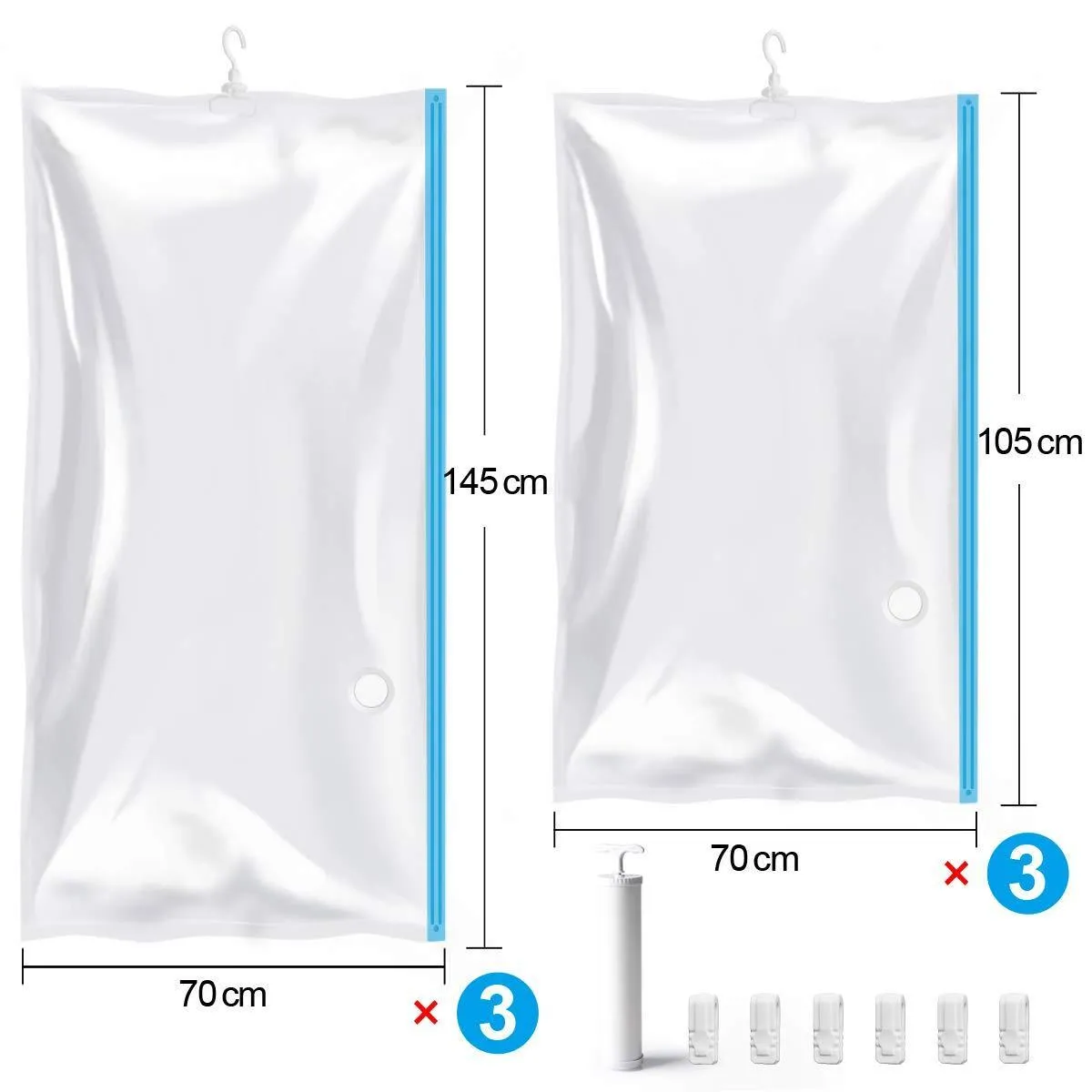 MRS BAG Hanging Vacuum Storage Bags 6 Pack (3Jumbo(57x27.6'')   3Short(41.3x27.6'')) Space Saver Bag Dress Cover with Hook for Coats, Jackets, Clothes & Closet Storage - Hand Pump Included