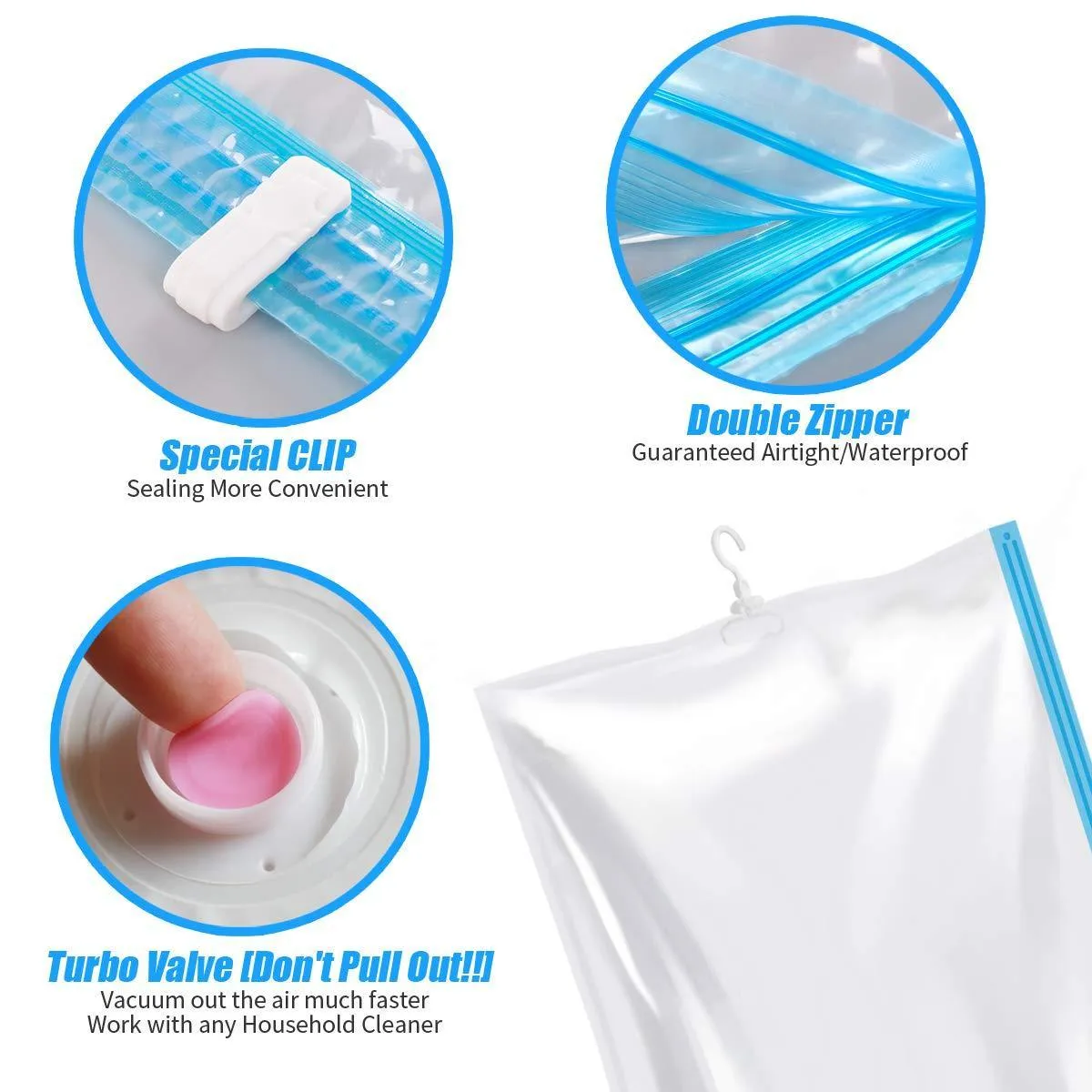 MRS BAG Hanging Vacuum Storage Bags 6 Pack (3Jumbo(57x27.6'')   3Short(41.3x27.6'')) Space Saver Bag Dress Cover with Hook for Coats, Jackets, Clothes & Closet Storage - Hand Pump Included