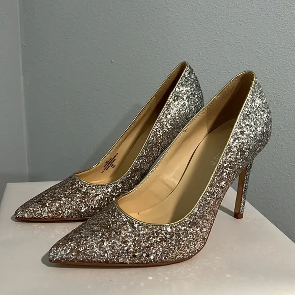 New Marc Fisher Garicky Glitter Sequin Pumps HeelsOmbre Silver Gold