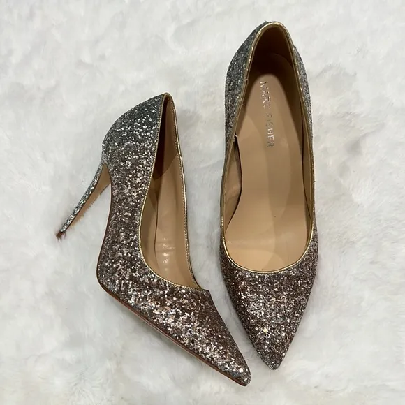New Marc Fisher Garicky Glitter Sequin Pumps HeelsOmbre Silver Gold