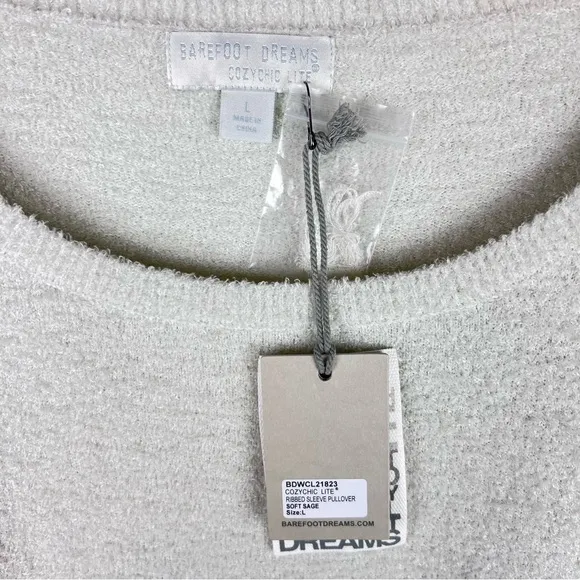NWT Barefoot Dreams CozyChic Lite Ribbed Sleeve Pullover Sweater Soft Sage SZ L