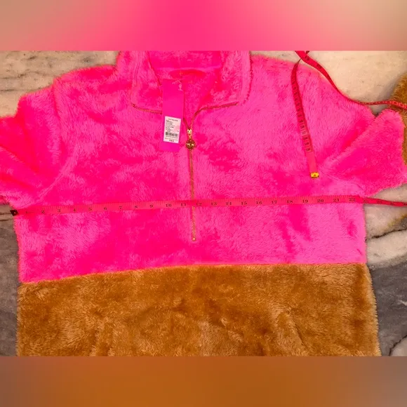 NWT Lilly Pulitzer Cozy Pink and Tan Brown Fleece Pullover Quarter Zip Large