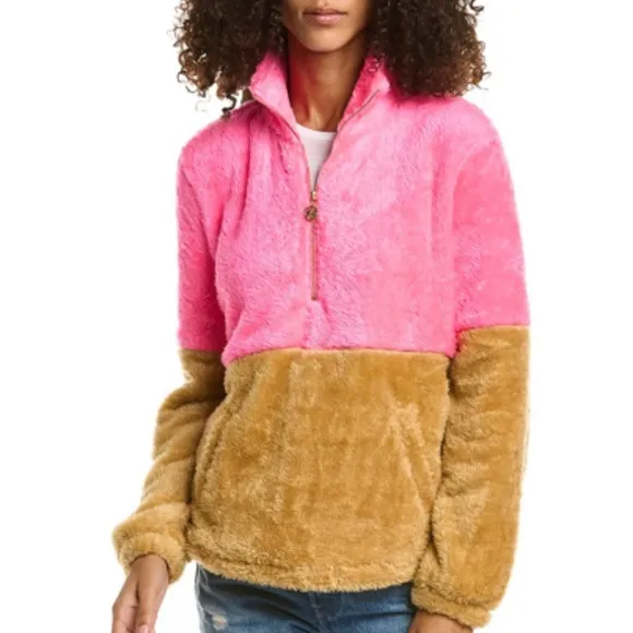 NWT Lilly Pulitzer Cozy Pink and Tan Brown Fleece Pullover Quarter Zip Large