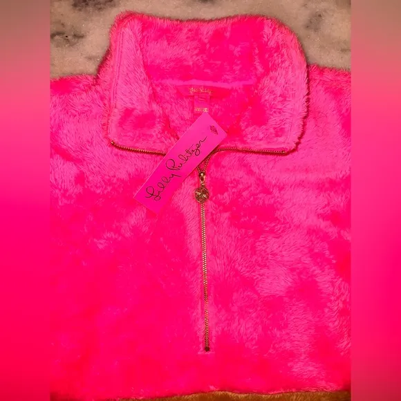 NWT Lilly Pulitzer Cozy Pink and Tan Brown Fleece Pullover Quarter Zip Large