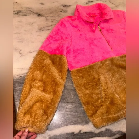 NWT Lilly Pulitzer Cozy Pink and Tan Brown Fleece Pullover Quarter Zip Large