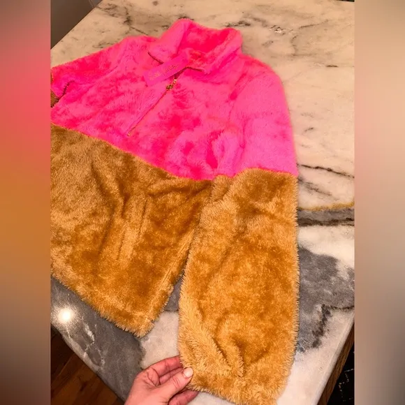 NWT Lilly Pulitzer Cozy Pink and Tan Brown Fleece Pullover Quarter Zip Large