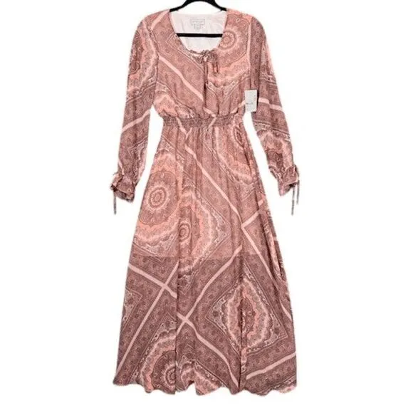 NWT Belle Sky Paisley Print Sheer Maxi Boho Tie Sleeves Mauve Pink Size XS