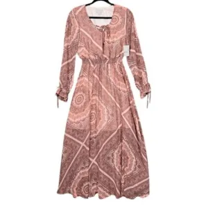 NWT Belle Sky Paisley Print Sheer Maxi Boho Tie Sleeves Mauve Pink Size XS