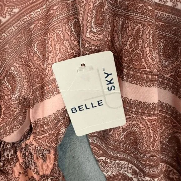 NWT Belle Sky Paisley Print Sheer Maxi Boho Tie Sleeves Mauve Pink Size XS