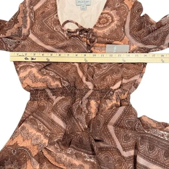 NWT Belle Sky Paisley Print Sheer Maxi Boho Tie Sleeves Mauve Pink Size XS