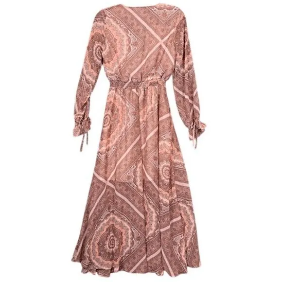 NWT Belle Sky Paisley Print Sheer Maxi Boho Tie Sleeves Mauve Pink Size XS