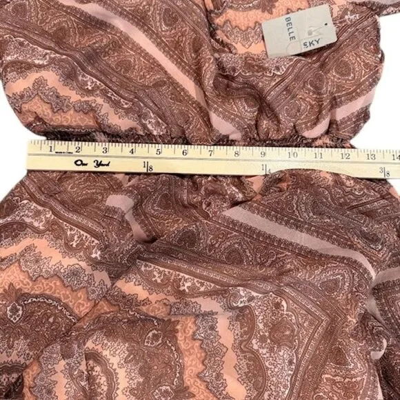 NWT Belle Sky Paisley Print Sheer Maxi Boho Tie Sleeves Mauve Pink Size XS