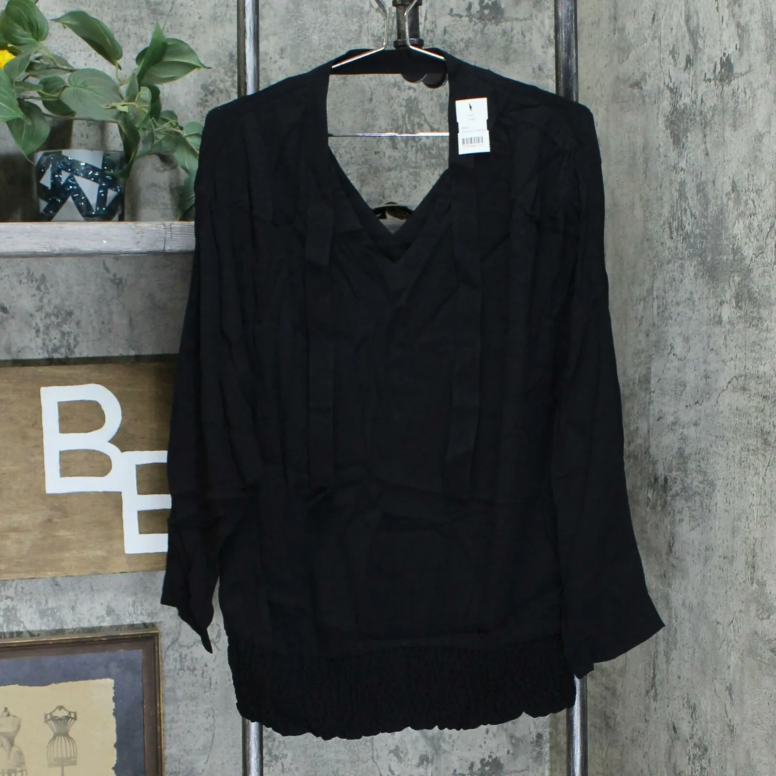 Peace Love World Women's Double V-Neck Dolman Sleeve Blouse with Tie