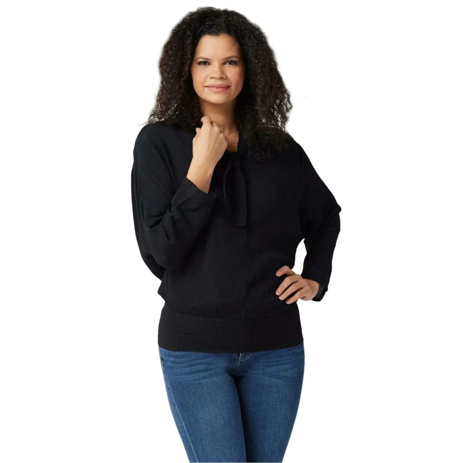 Peace Love World Women's Double V-Neck Dolman Sleeve Blouse with Tie