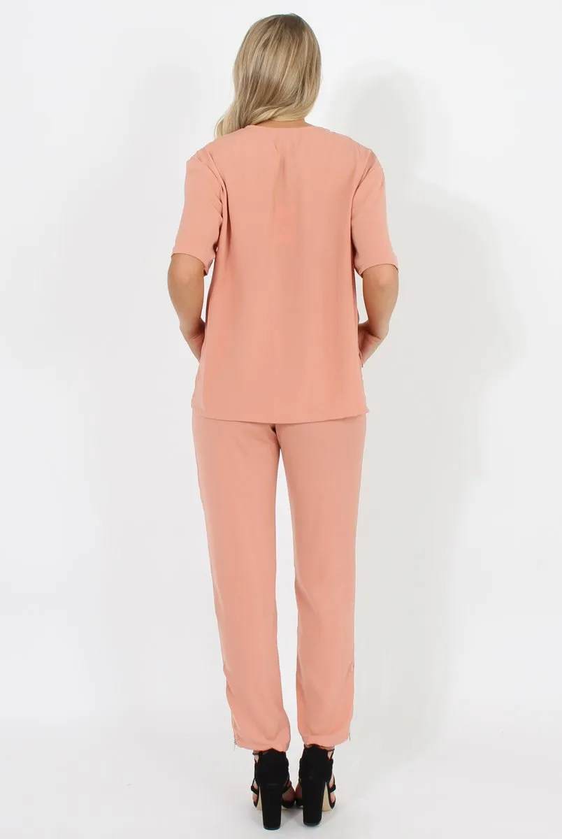 Pink Pocket Front Detail Dipped Hem Trousers - Kem