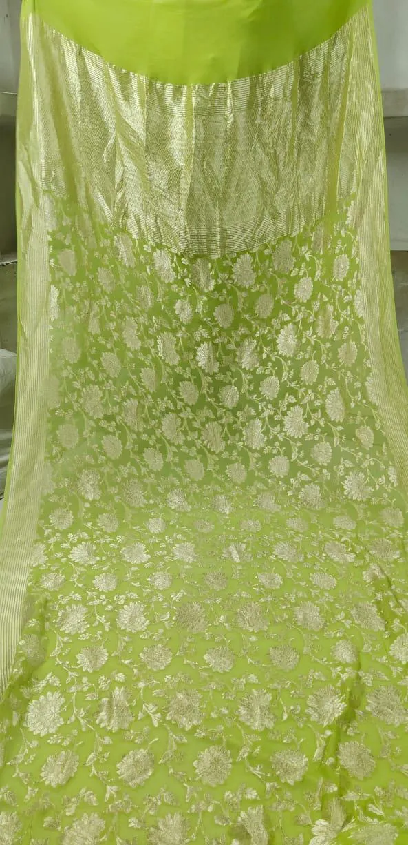 Pista Green Floral Jaal Banarasi Khaddi Saree Party Wear