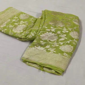 Pista Green Floral Jaal Banarasi Khaddi Saree Party Wear