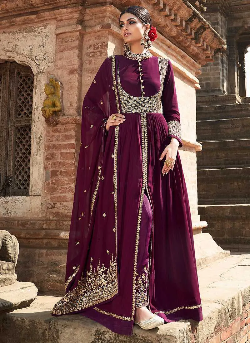 Purple Embroidered Stylish Kalidar Gown Style Anarkali