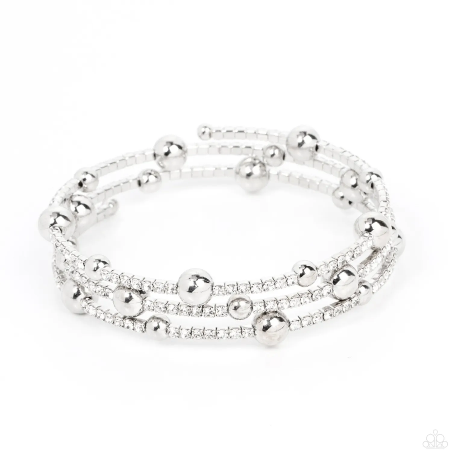 "Spontaneous Shimmer" Silver Metal Beads & Clear/White Rhinestone Flexible COIL bracelet