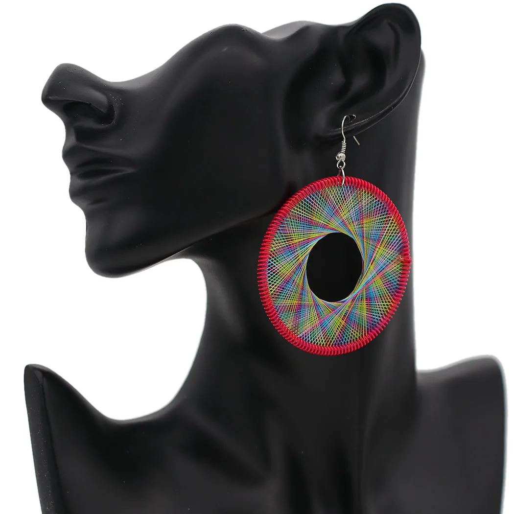 Red Multicolor Woven Thread Earrings