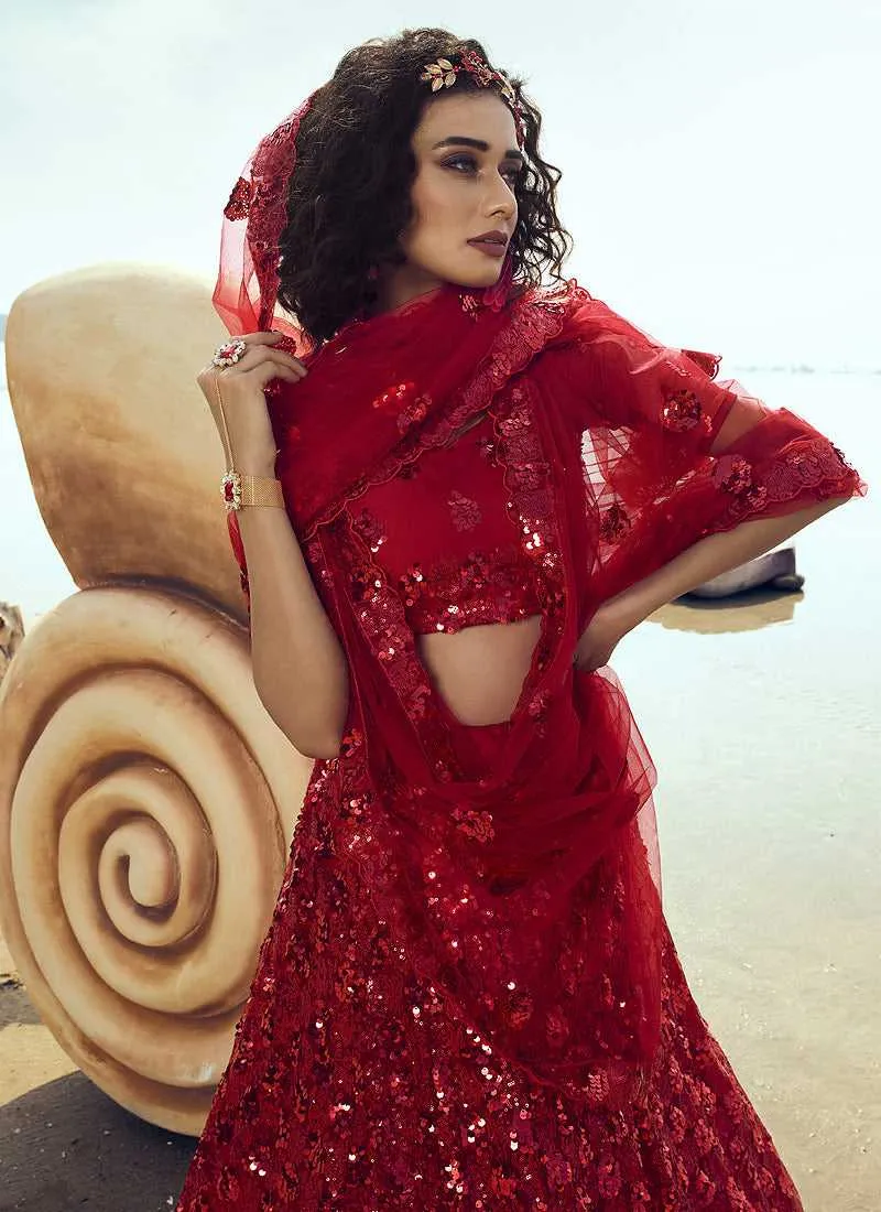 Red Sequins Embroidered Stylish Lehenga Choli