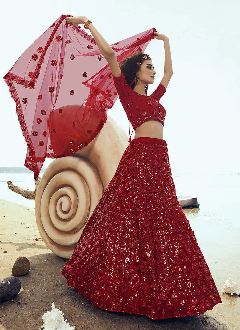 Red Sequins Embroidered Stylish Lehenga Choli