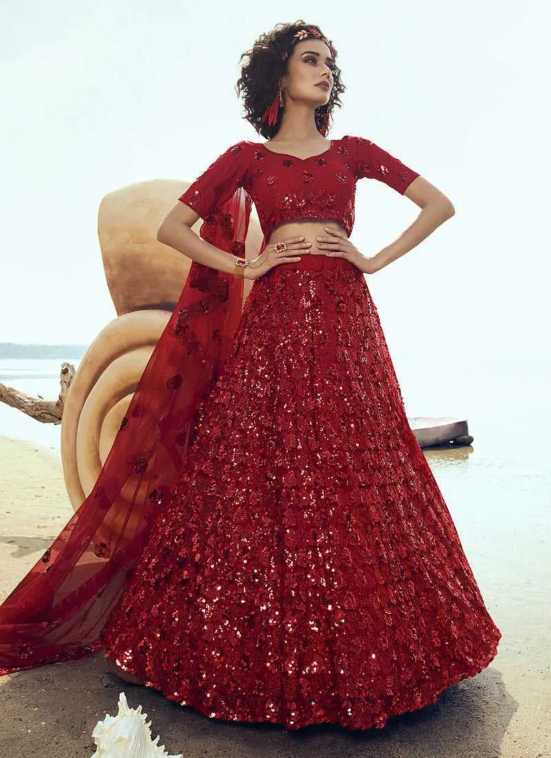 Red Sequins Embroidered Stylish Lehenga Choli