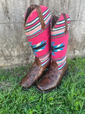 Roper Boots Womens Oxaca Brown Tooled Leather with Woven Serape