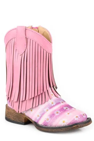 Roper Footwear Pink Floral Glitter Square Toe Boots for Toddlers with Fringe Tops