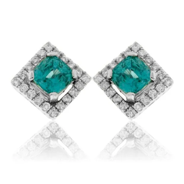Round Blue Zircon & Diamond Square Halo Stud Post Earrings