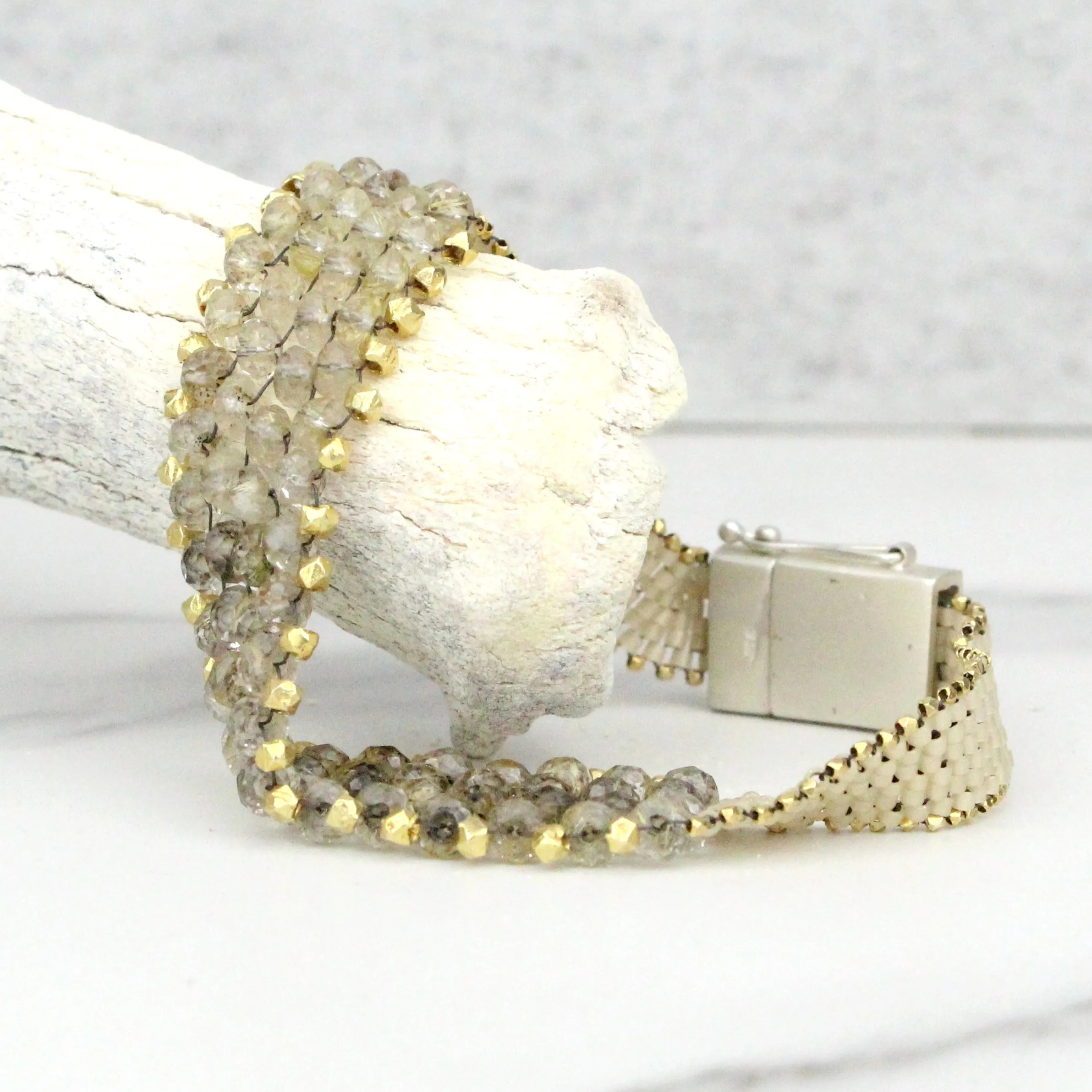 Rutilated Quartz and Pyrite Flexible Bracelet