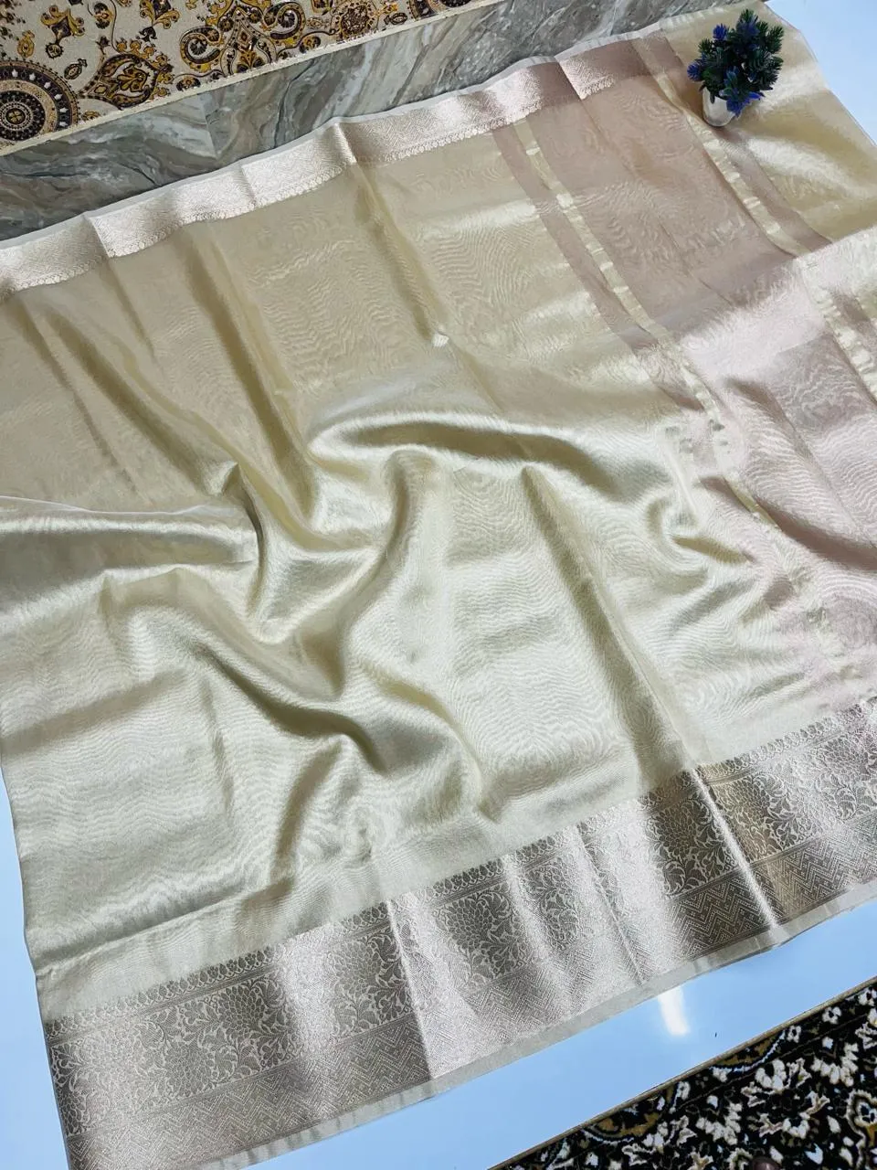 Shimmer Cream Banarasi Soft Tissue Saree