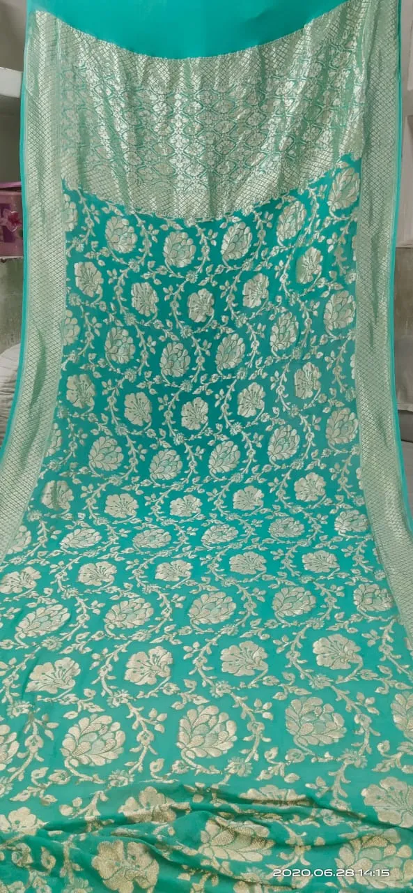 Sky Blue Floral Jaal Banarasi Georgette Saree