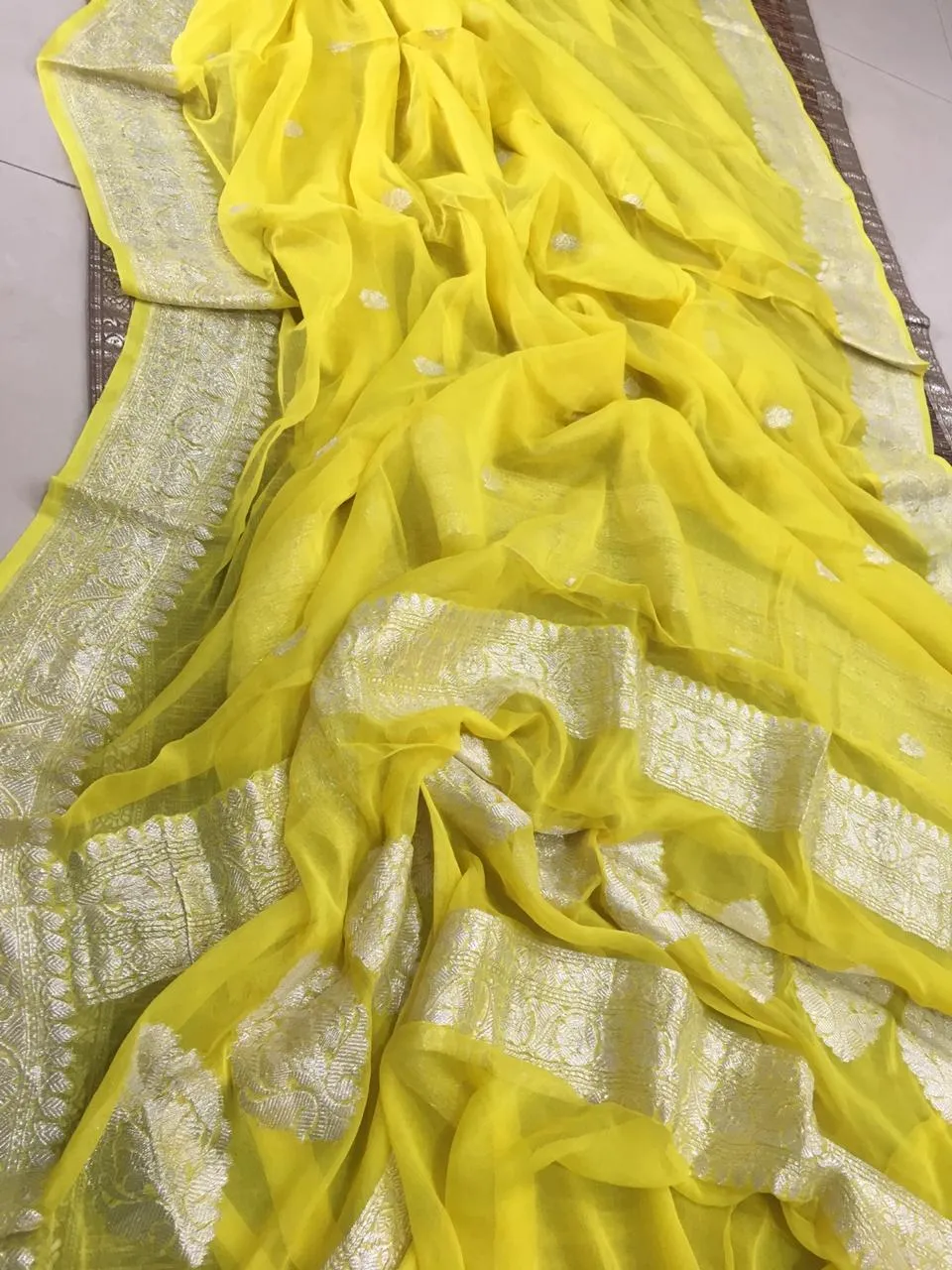 Sunshine Yellow Khaddi Chiffon Banarasi Trending Saree