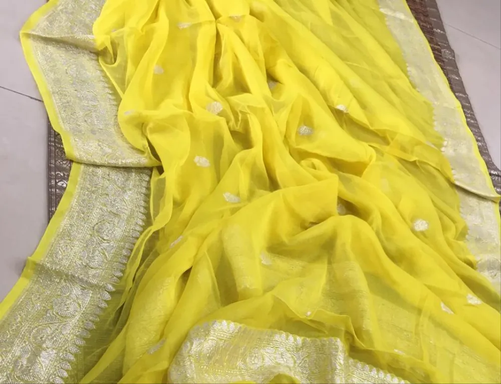 Sunshine Yellow Khaddi Chiffon Banarasi Trending Saree