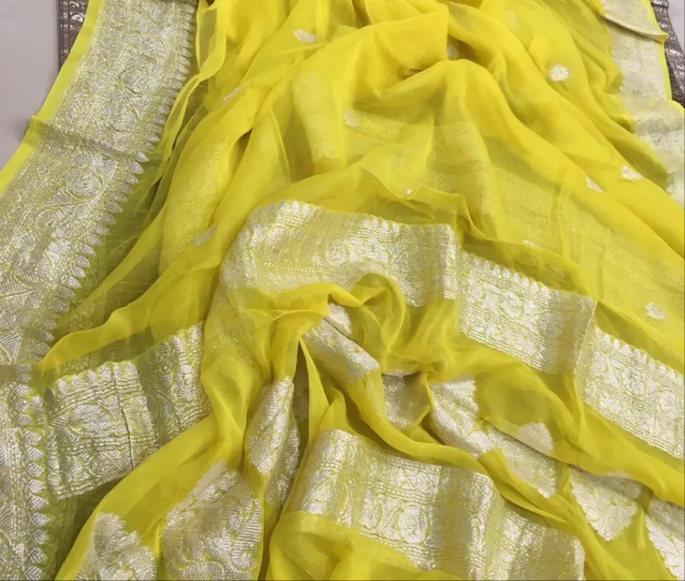 Sunshine Yellow Khaddi Chiffon Banarasi Trending Saree