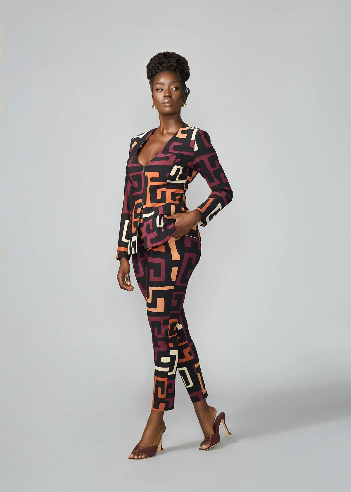 Talia Women's African Print Stretch Pants (Neutral Kuba Geometric)