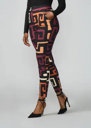 Talia Women's African Print Stretch Pants (Neutral Kuba Geometric)
