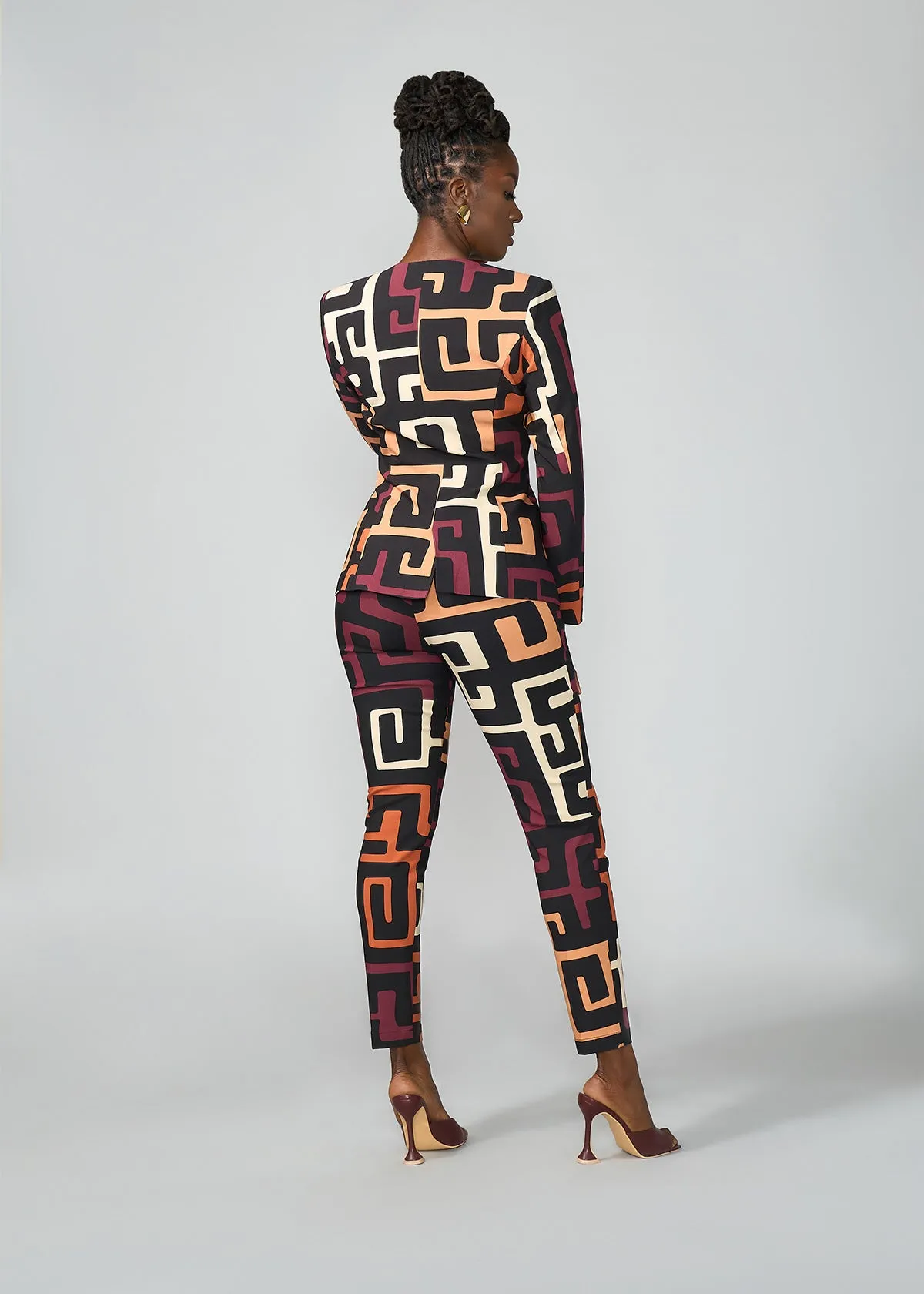 Talia Women's African Print Stretch Pants (Neutral Kuba Geometric)