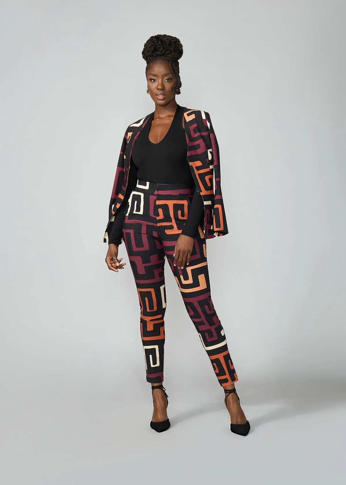 Talia Women's African Print Stretch Pants (Neutral Kuba Geometric)