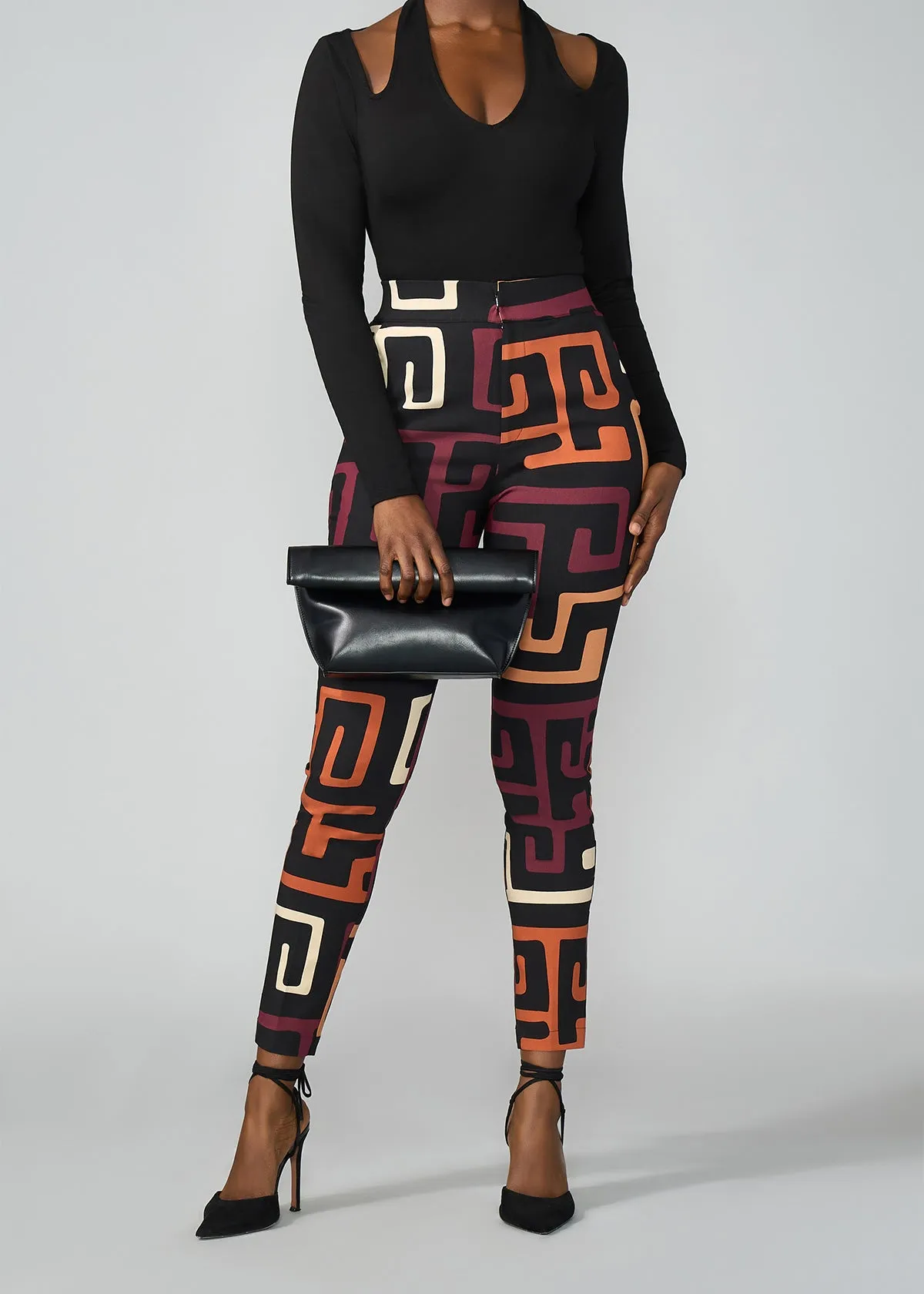 Talia Women's African Print Stretch Pants (Neutral Kuba Geometric)