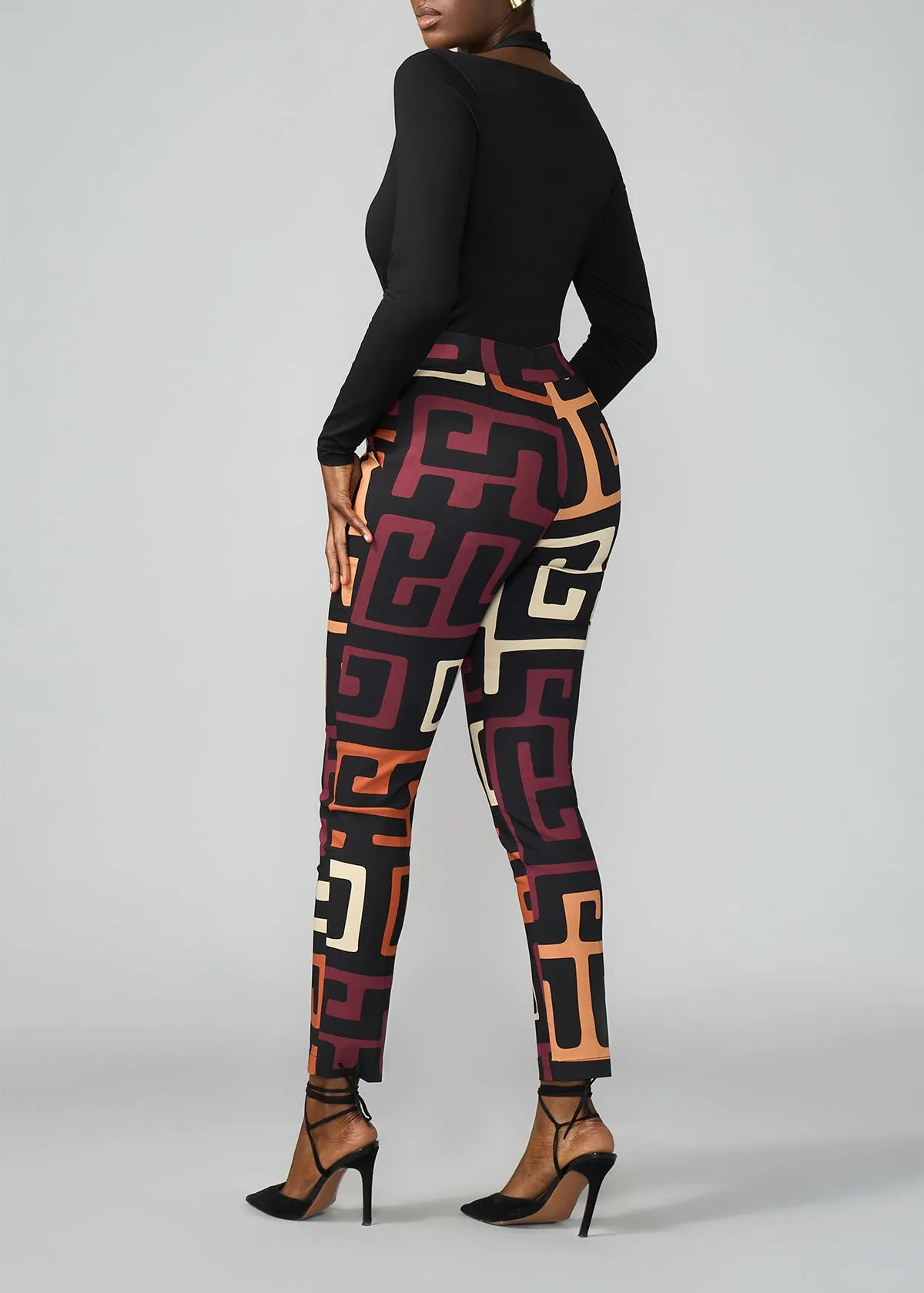 Talia Women's African Print Stretch Pants (Neutral Kuba Geometric)