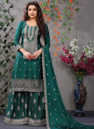 Teal and Silver Embroidered Stylish Palazzo Suit