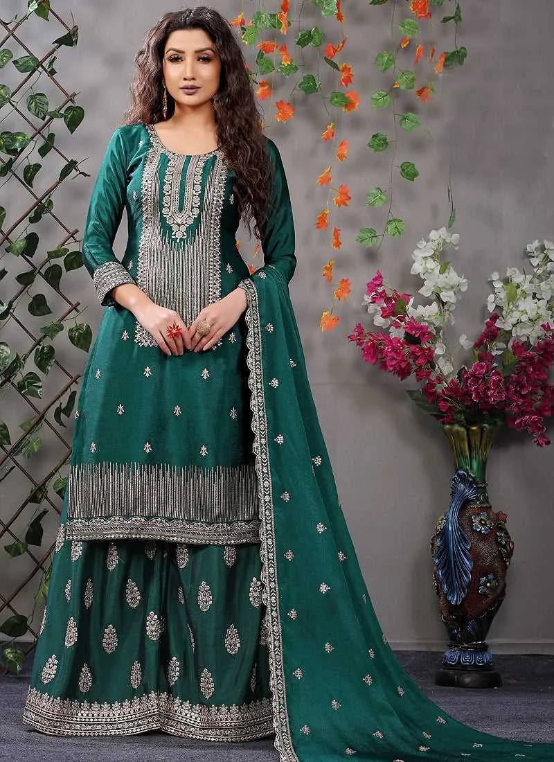 Teal and Silver Embroidered Stylish Palazzo Suit