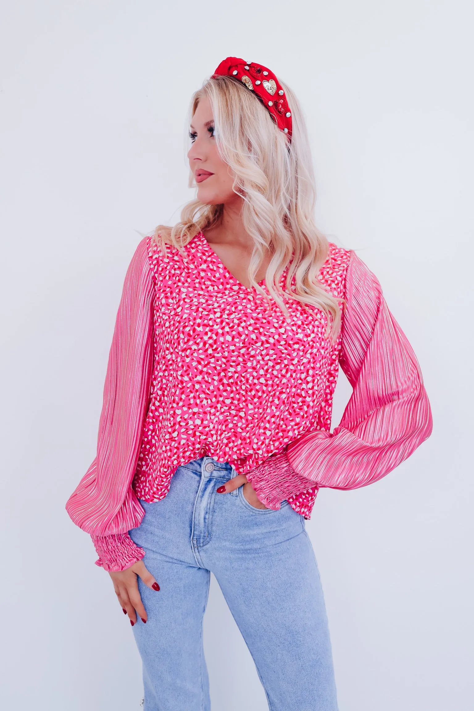 Touch Of Chic Shimmer Sleeve Top - Pink /Leopard