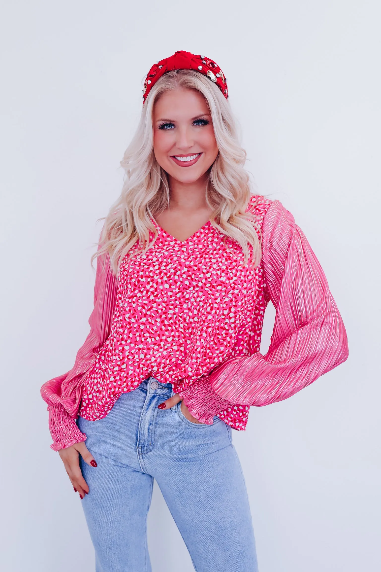 Touch Of Chic Shimmer Sleeve Top - Pink /Leopard